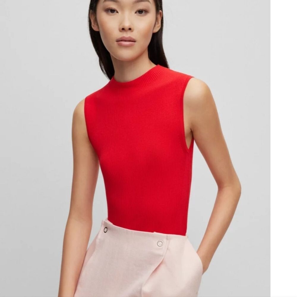 Hugo Boss Feskies Sleeveless Mock Neck Ribbed Structure Open Red